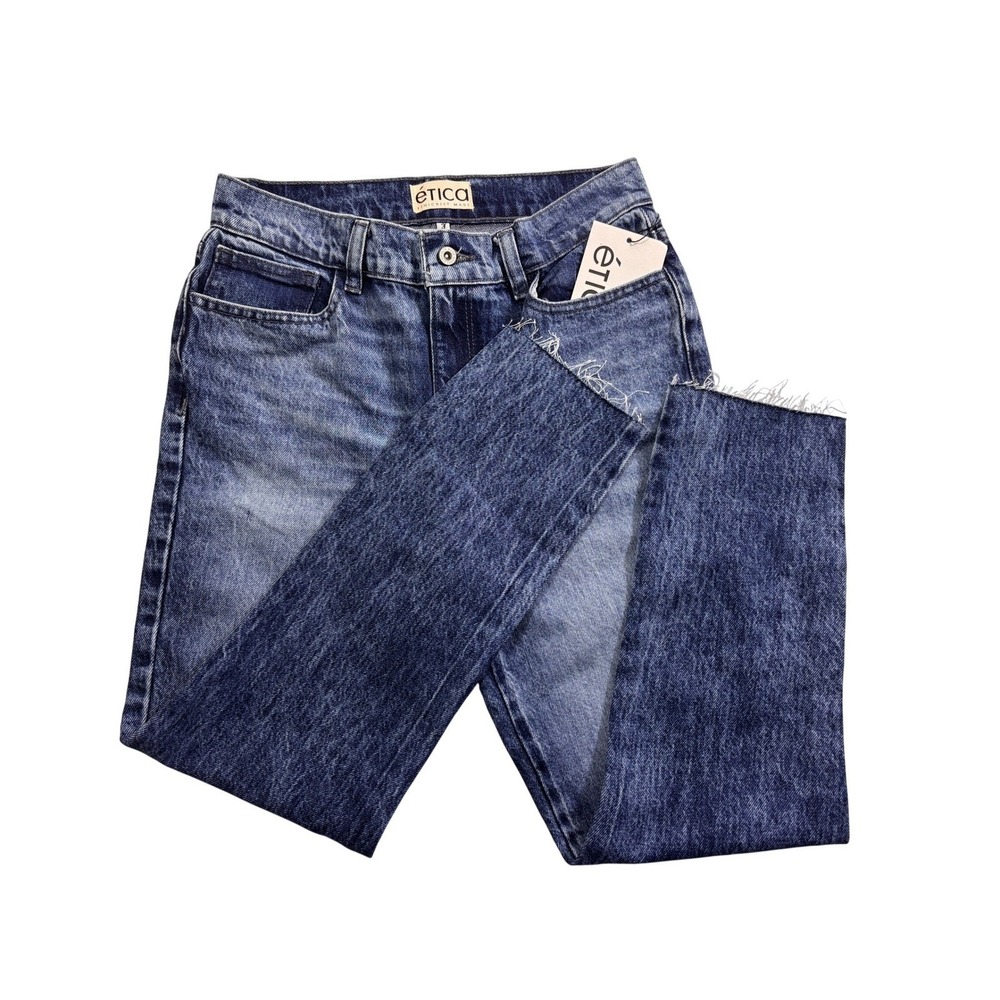New Etica Jean Denim Women's Waist 28 in Blue Wash Straight Leg Raw Hem Jeans